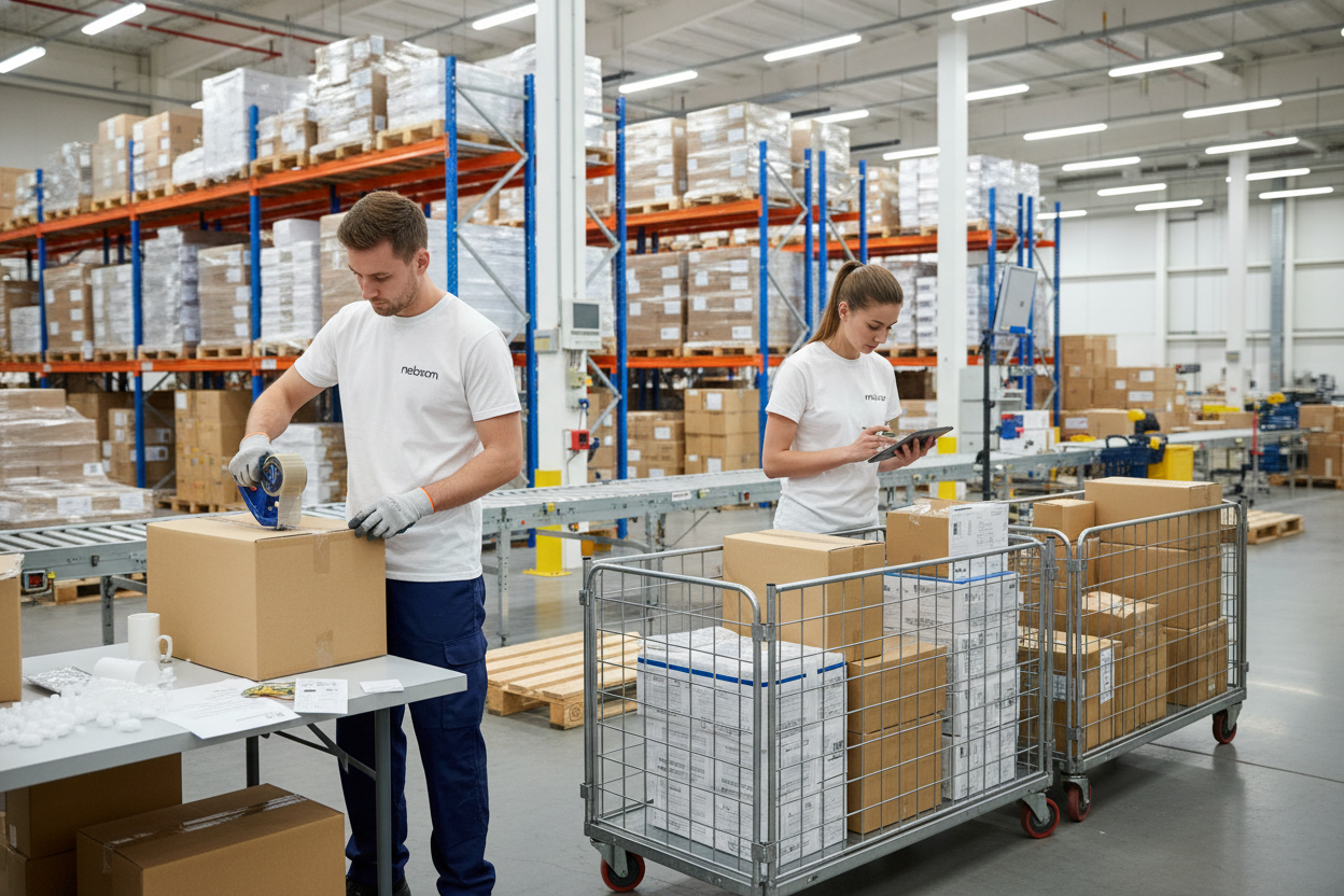 dos personas trabajando en un almacen logístico preparando envíos. Deben llevar una camiseta blanca con la palabra neboom. (en minuscula) 